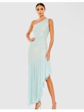 Mac Duggal One-Shoulder High-Low Sequin Dress in Light Aqua